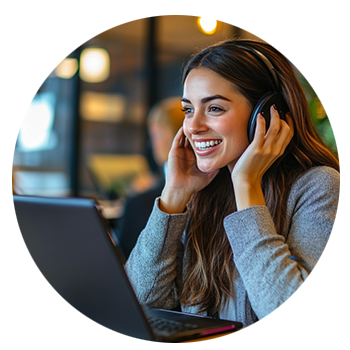 Woman on headphones talking with customer over computer